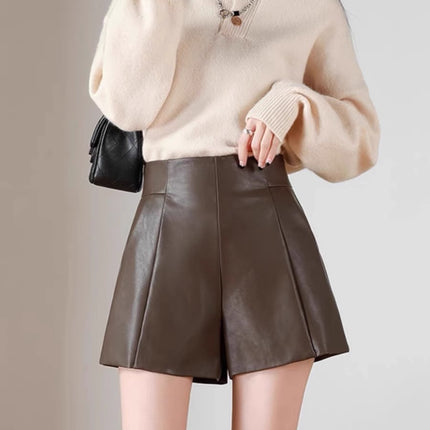 Pu Leather Shorts for Women, 2026 Autumn and Winter New Popular Style, Black High-Waisted A-Line Wide-Leg Loose Korean Style Boot Shorts
