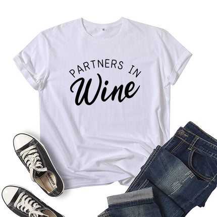 Foreign Trade Cross-border PARTNERS IN WINE Printed Short-sleeved Crewneck T-shirt European and American Men's and Women's Top Loose Casual