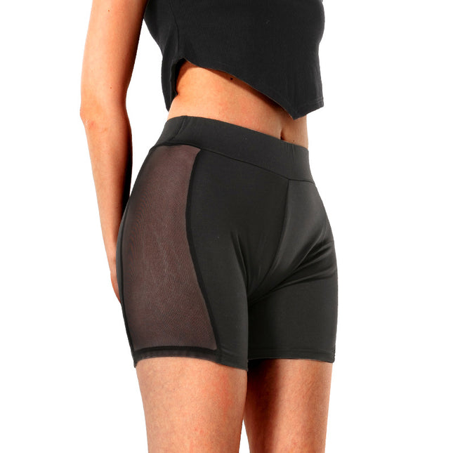 Cross-border generation hair new side mesh three-part pants solid color sexy perspective shorts high-elastic women's sports yoga pants