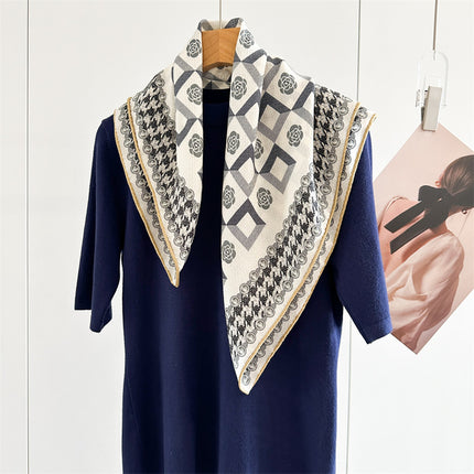 Double-Sided Silk Wool Scarf for Women in Autumn and Winter, Silk Wool 70 Square Scarf, Warm and Dual-Purpose, Versatile Elegant, Air-Conditioned Neck Protector for Women