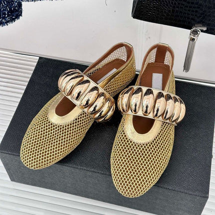 Metal Buckle Mesh Mary Jane Shoes Women's 2024 Summer New Fashionable Flat Comfortable Ballet Dancing Shoes