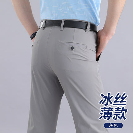 Ice Silk Stretch Pants Summer Thin Men's Non-ironing Casual Pants Men's Straight Slim-fit Business Black Pants