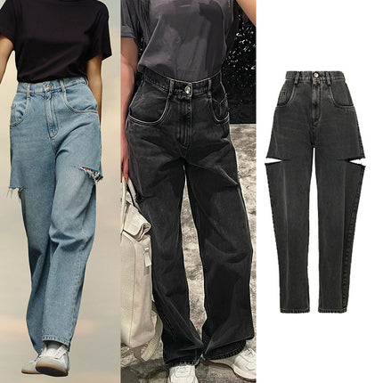 European and American Magila MM Same Style High Waist Wide Leg Knife Cut Hole Fashionable Loose Straight Jeans Women's Black Grey