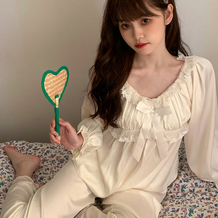 First Love Pajamas Women's Autumn and Winter Ice Silk Long Sleeve Suit Early Autumn French Retro Pure Desire with Hair Tie Home Clothes