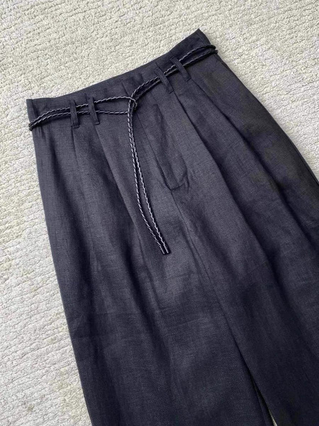 CHAO FIRE recommend! Old money wind relaxation feeling ~ black linen wide leg pants women's drawstring strap casual mop pants