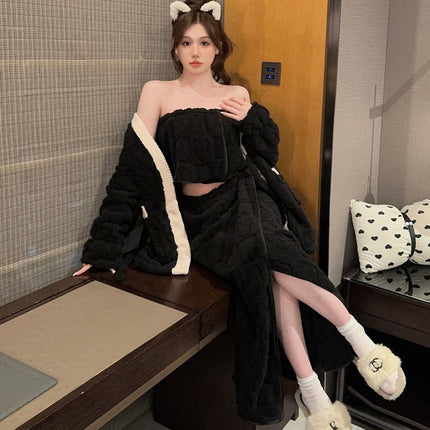 Q3190-3, jacquard coral fleece pajamas small tube-length apron robe three-piece suit autumn and winter warm home