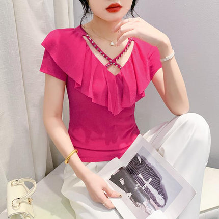 Real Shot Summer New Style Mesh Short Sleeve Chic V-Neck Cross Hollow Nail Drill plus size Women's Fashion Western Style Top T