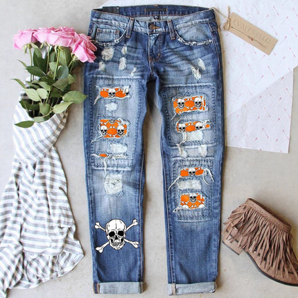 Cross-Border Amazon Hot-Selling European and American Women's Ripped Printed Patch Jeans Mid-Waist Straight Pants in Stock