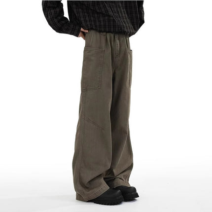 Maillard High Street Retro Coffee-Colored Large Pocket Cargo Pants for Men Versatile Loose Wasteland Style Brown Straight-Leg Trousers