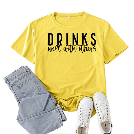 Amazon Supply Drinks Well with Others Printed Short-Sleeved Women's Casual Summer Casual
