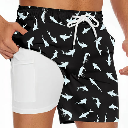 Men's Shark Pattern 2 in 1 Board Shorts with Drawstring and
