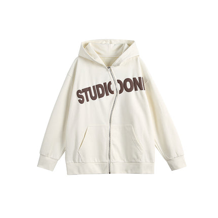 City Essentials 2024 Spring New Creative Zipper Hooded Letter Print Sweatshirt Loose Fit