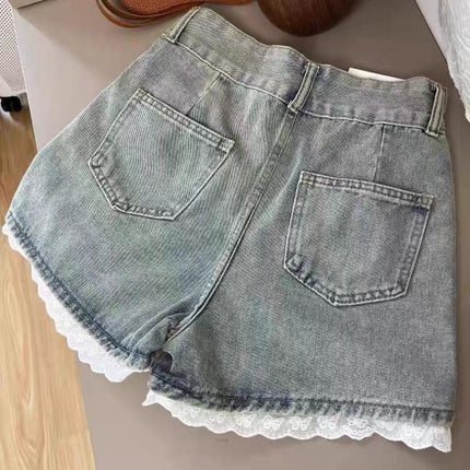 Sweet Hot Girl Lace Spliced Denim Shorts Women's Summer New High Waist Slimming Anti-Exposure Wide Leg Hot Pants