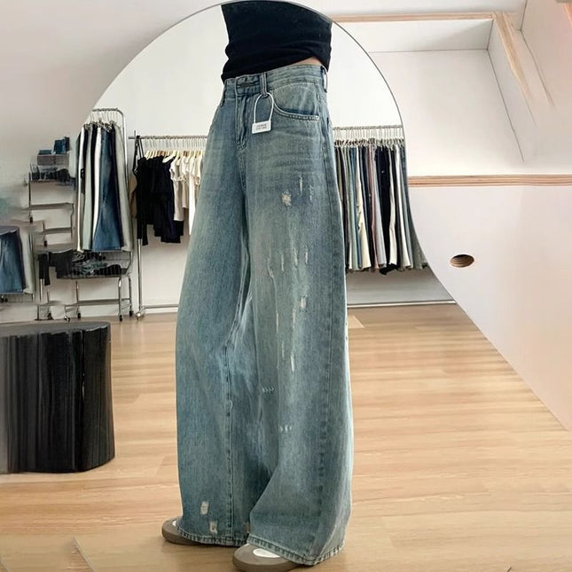 Washed-Out Denim Wide-Leg Pants for Women, High-Waisted, Plus-Size, Hip-Covering, Straight-Cut, Slimming, Floor-Length Trousers