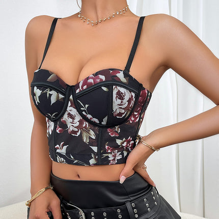 Cross-border New Sexy Spice Girl Stitching Flower Steel Ring Fishbone Vest Slim-fit Sling Chest Wrapping All-match Top for Women