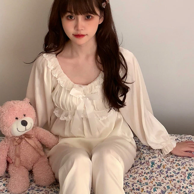 Women's First Love Ice Silk Pajama Set Long Sleeve French Retro Loungewear Moonlight White Baby Blue Hair Tie M-XL / Ensemble Pyjama Femme Soie Glacée Manches Longues Style Français Rétro Blanc Bleu Bébé M-XL