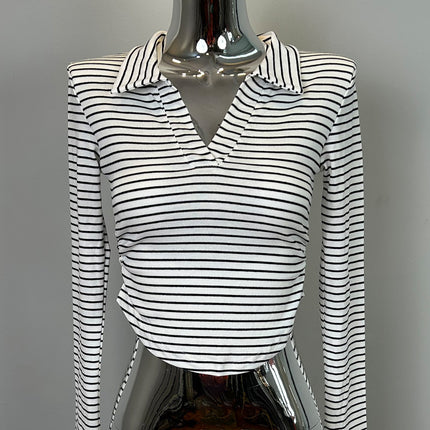 South Korea's Dongdaemun New Product Polo Collar Pinstripes Elastic Waist Short Long-Sleeved T-Shirt Top Women's Trendy