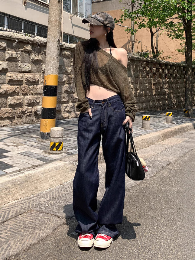 Denim Blue American Loose Wide-Leg Pants for Women 2025 Summer and Autum Thin Draped Floor-Length Casual Jeans for Women