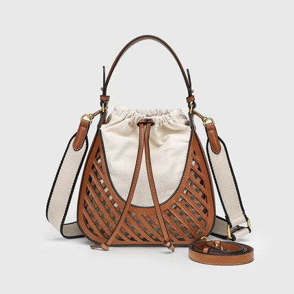 Z Brand Women's Bag 2025 Dark Brown Woven Hollow-Out Bucket Bag Single Shoulder Crossbody Bag European and American Retro Style