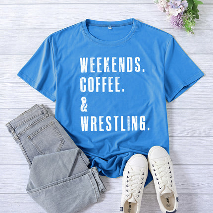 Cross-border Amazon WEEKENDS COFFEE WRESTLING printed short-sleeved women's top T-shirt European code