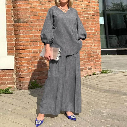 Casual Loose Clothing Fashion 2 Piece Pants Set Women's Puff Sleeve Stylish Waist Solid Color Top and Pants Set