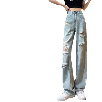 Ripped Jeans Women's Summer Fashionable High Waist Slim Look Small Pear-shaped Body Wear Beggar Wide Leg Trousers