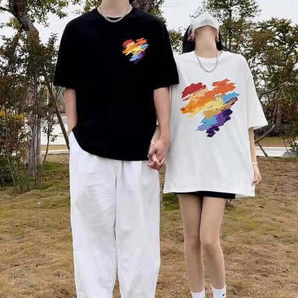 Couple Clothing Summer Short-sleeved T-shirt Men's and Women's 2023 Summer Half-sleeved Top Round Neck Printed Half-sleeved Student Class Clothes