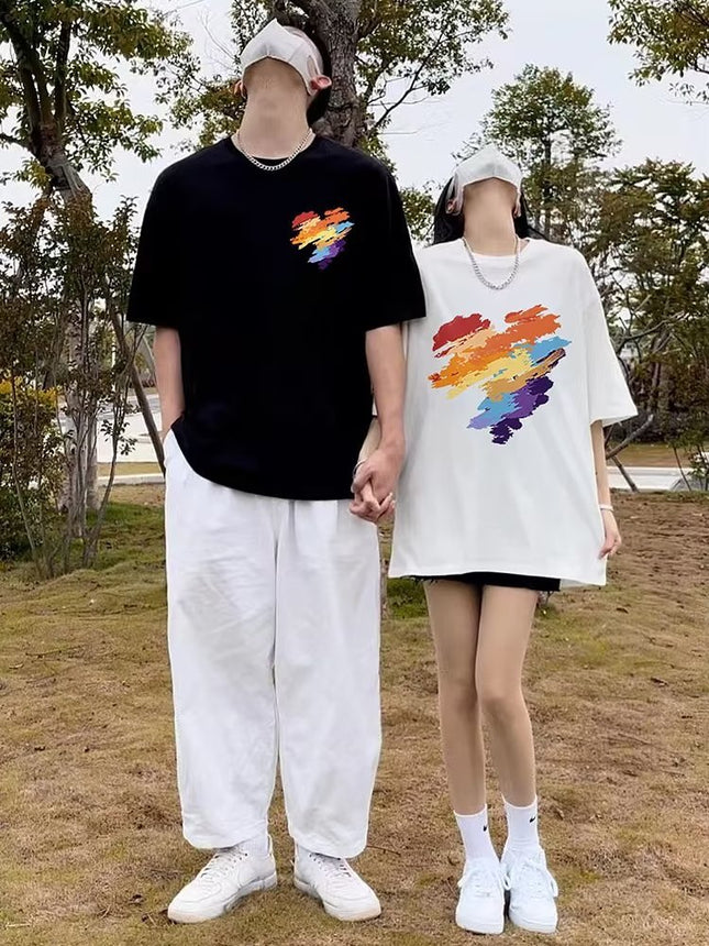 Couple Clothing Summer Short-sleeved T-shirt Men's and Women's 2023 Summer Half-sleeved Top Round Neck Printed Half-sleeved Student Class Clothes