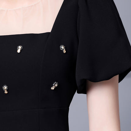 Zhili French-Style Feminine Dress 2026 Summer Handmade Rhinestone Puff Sleeves Side Slit Bodycon Dress That Enhances the Figure