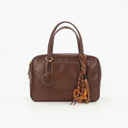 Zhao Zhaoyi's Same Style Shicatang Sugar Cube Bowling Bag, First-Layer Vegetable-Tanned Cowhide Leather Handbag, Crossbody Shoulder Bag, Small Square Bag