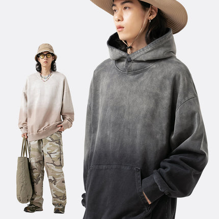 Black Fleet Retro Hoodie, Washed Gradient Dyed Pure Cotton Loose Pullover Couple Style Sweatshirt, Casual and Versatile