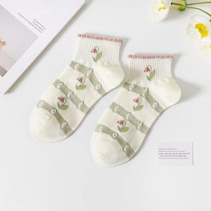 Women's Green Short Socks, Boat Socks, Short Socks, College Style, Casual Versatile Summer Thin Socks