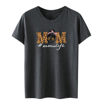 Amazon momlife Skull Leopard Print Sunglasses Mother's Day Gift Letter Print Casual Short Sleeve T-Shirt Women