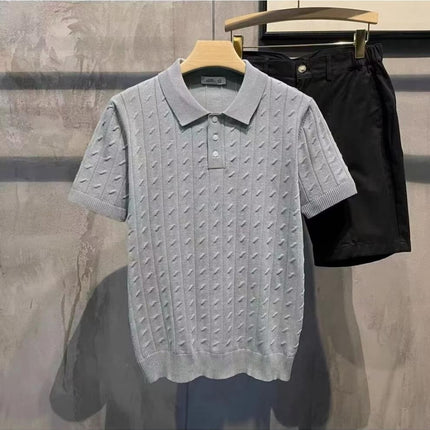 2025 Summer Cable Textured Lapel Short Sleeve Polo Shirt Men's Casual Easiest for Match Temperament Short Sleeve Sweater Trendy