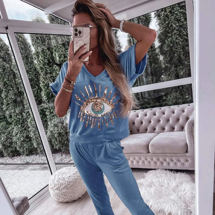 2024 European and American Cross-Border Foreign Trade Women's Summer Evil Eye Sequin Pattern Short-Sleeve Long Pants Set European and American Style