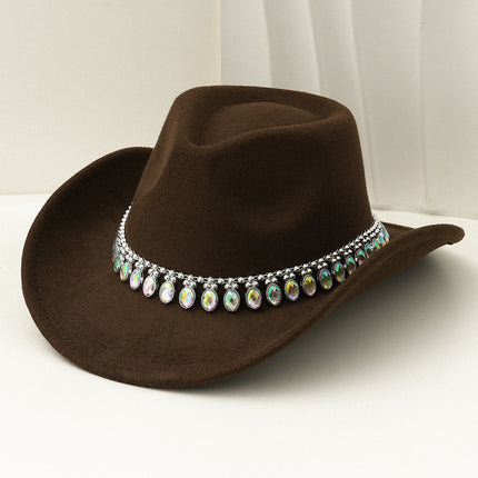 Cross-Border European and American Style Popular Tassel Horse Eye Code Chain Green Agate Diamond Claw Hat Chain Top Hat Cowboy Hat Felt Hat Gemstone