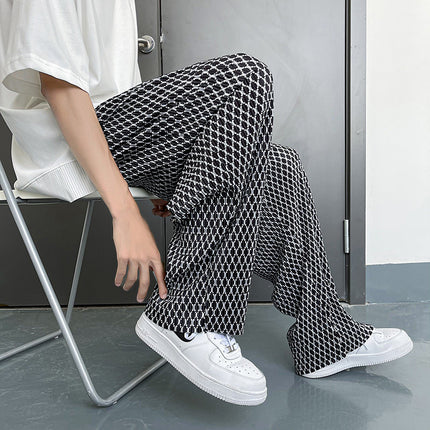 Fairy plaid pants men's high street ins fashion brand fried street ruffle handsome ice silk wide-leg pants men's summer thin draping mop pants