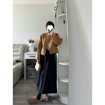 Autumn and Winter New Korean Style Retro Old Money Style Wear Dress Women's Brown Short Wool Coat Overskirt Two-piece Set