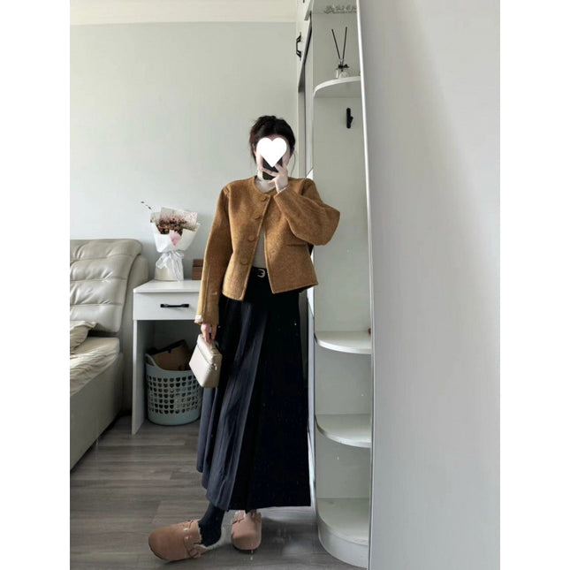 Autumn and Winter New Korean Style Retro Old Money Style Wear Dress Women's Brown Short Wool Coat Overskirt Two-piece Set
