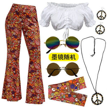 2025 Amazon Hot Selling Women's Hippie Clothing Fashionable Wide Leg Flare Pants Contrast Printed Trousers + Headscarf