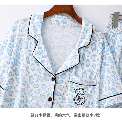 Cross-border Foreign Trade Leopard Print Modal Cardigan Lapel Short-sleeved Trousers Women's Thin Pajamas Home Clothes suit
