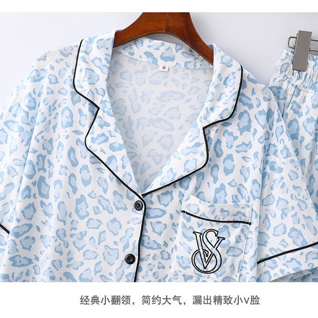 Cross-border Foreign Trade Leopard Print Modal Cardigan Lapel Short-sleeved Trousers Women's Thin Pajamas Home Clothes suit