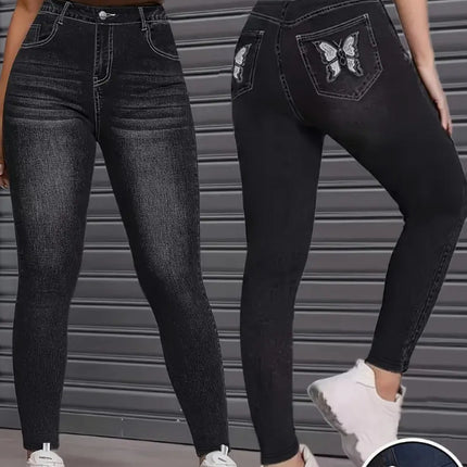 Women's European and American Cross-Border High-Elastic Imitation Denim Leggings Butt-Lifting Yoga Nine-Point Pants High-Waisted Tummy Control Leggings 2535