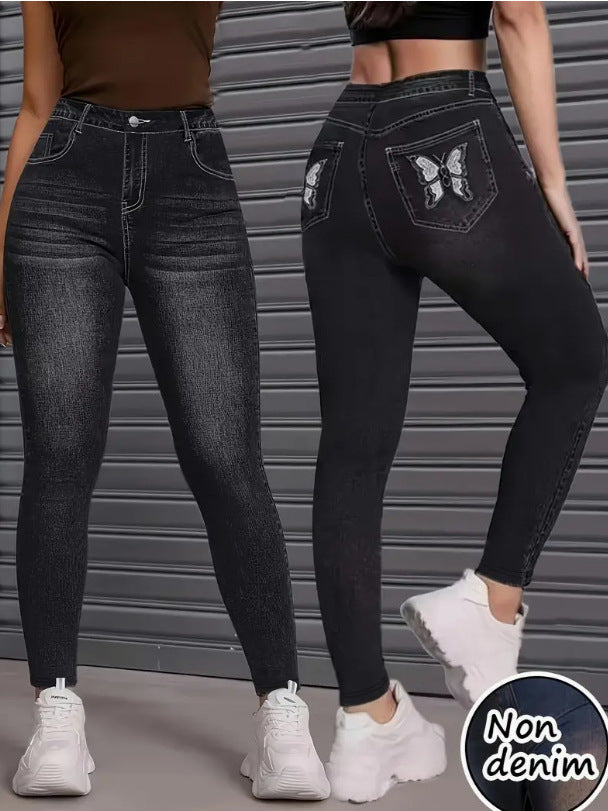 Women's European and American Cross-Border High-Elastic Imitation Denim Leggings Butt-Lifting Yoga Nine-Point Pants High-Waisted Tummy Control Leggings 2535