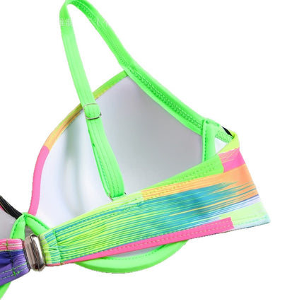 2025 New Model Rainbow Striped Bikini with Hard Cups and Underwire, Fluorescent Green Sports Swimsuit Set for Women, Beachwear