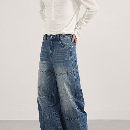 Lktm Men's Clothing American-Style Washed Lightning-Patterned Scimitar Jeans Unisex Trendy Brand Loose Fit Relaxed Long Pants