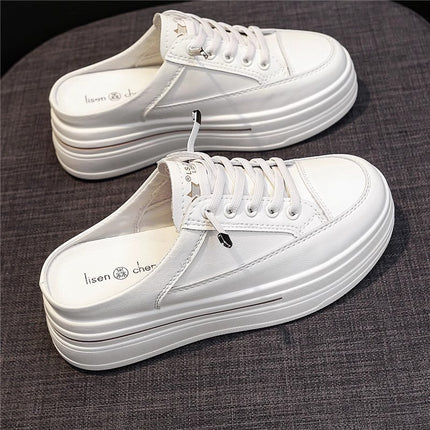 White Shoes with Toe Caps and Half Slippers for Women with Thick Soles and Inner Heightening 2025 Summer New Style, Fashionable and Versatile for Lazy People to Wear Outside and Casual