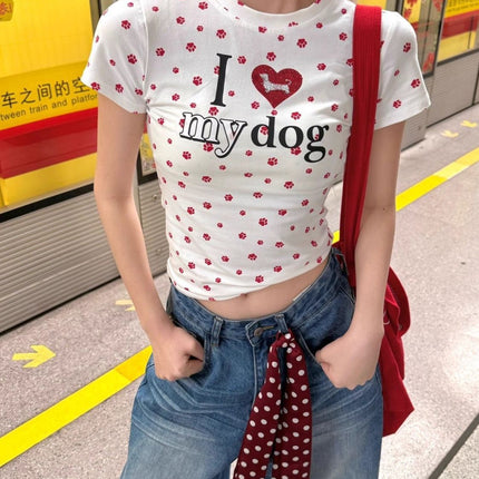 Spring American Retro Heart Print Dog Paw Full Print Short T-Shirt Female Sexy Slimming Look Top