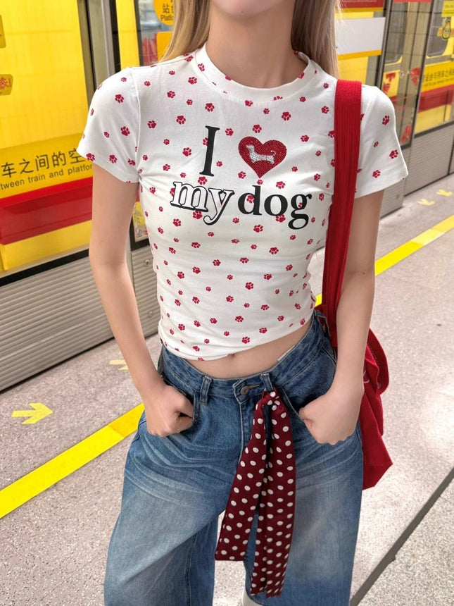 Spring American Retro Heart Print Dog Paw Full Print Short T-Shirt Female Sexy Slimming Look Top