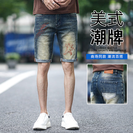 Cross-Border Popular Summer Men's Jeans Straight Fashion Street Fashion High-End Casual Elastic Five-Point Pants New Style